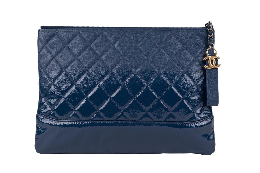 Chanel Navy Blue Quilted Gabrielle O Case Clutch Patent Caviar Leather Gold Hard